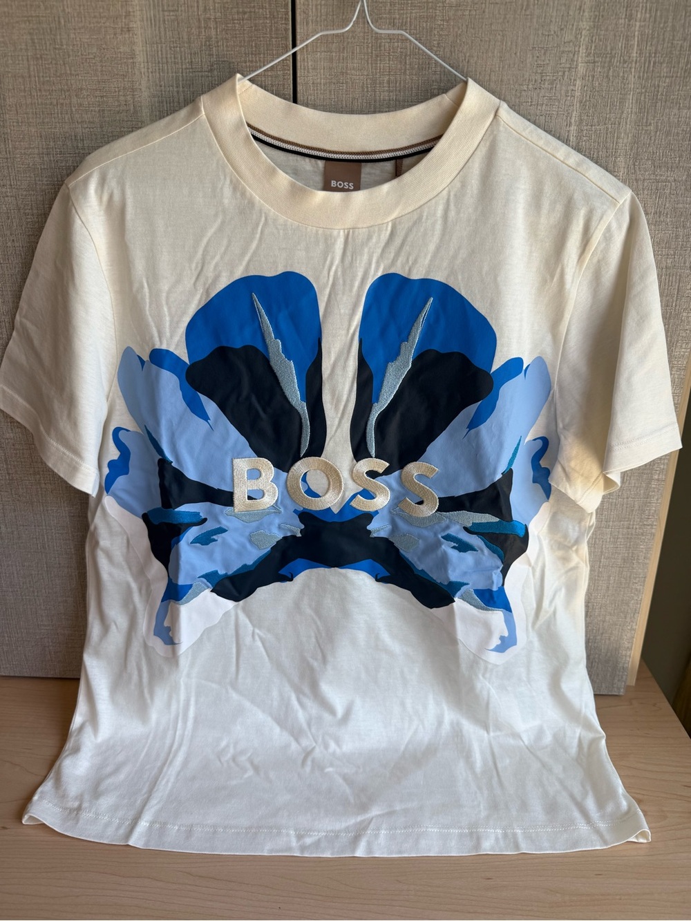 Brand new tags Hugo Boss Cream Tee with embroidered logo and floral graphic